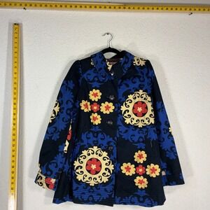 Bica Cheia Womens Floral Damask Print Cotton Button Front Jacket Size 8 Blue Red